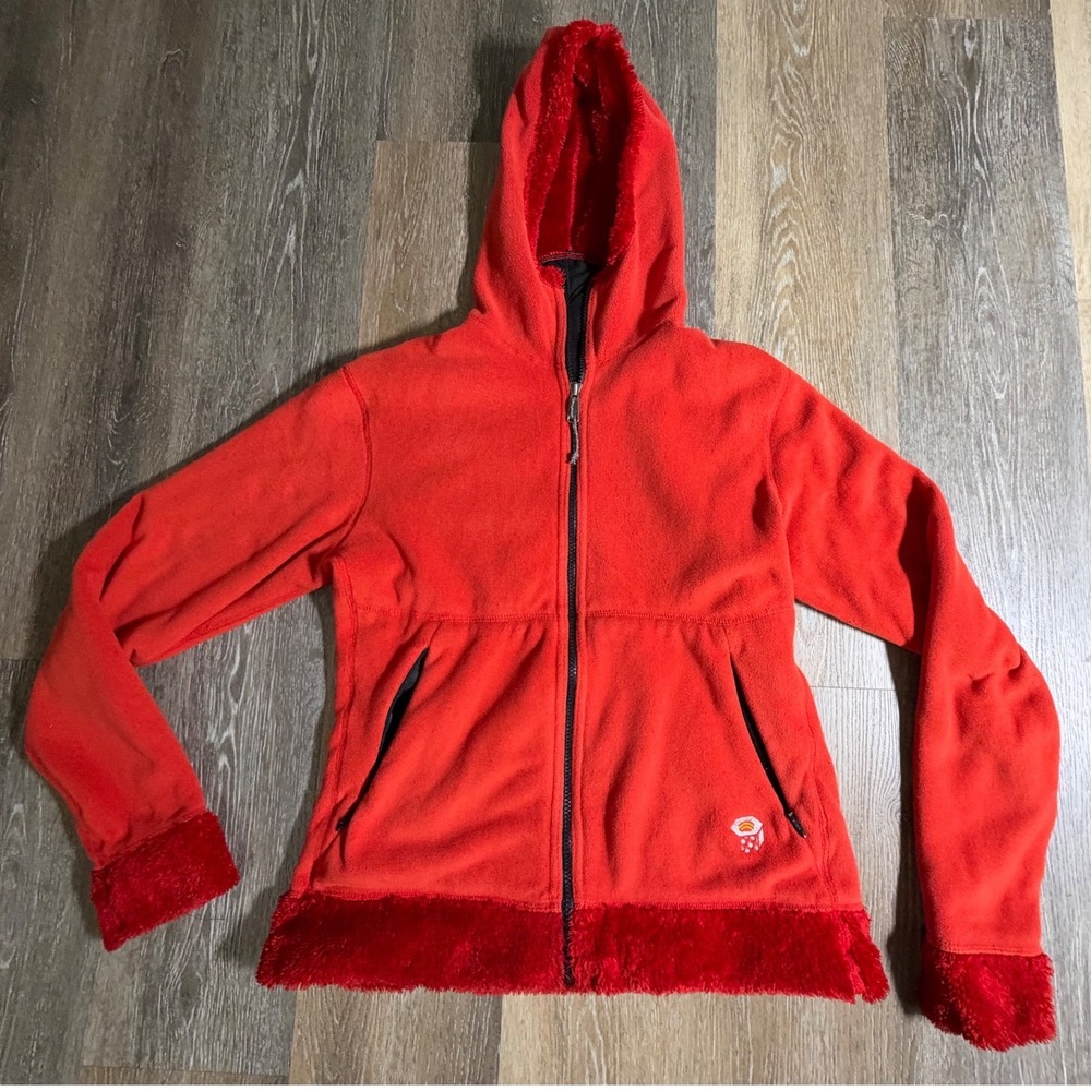 Mountain Hardwear Fleece Hoodie Womens Medium Red Faux Fur Trim Full Zip Jacket